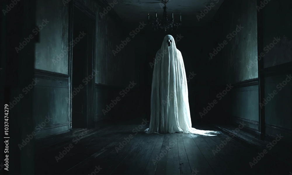 A sinister ghost in a dark room A sinister ghost in a dark room
