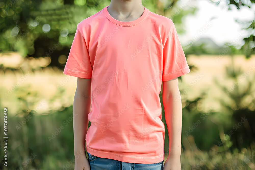 A young boy of Caucasian descent wearing a vibrant coral t-shirt, standing against a backdrop of greenery and a golden field. A young boy of Caucasian descent wearing a vibrant coral t-shirt, standing against a backdrop of greenery and a golden field.