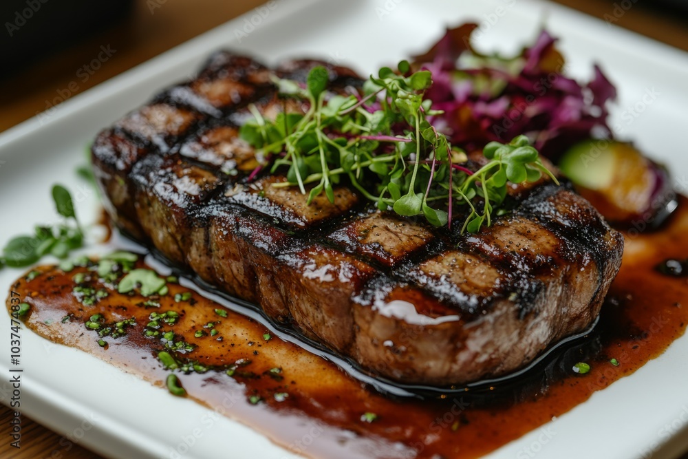 Grilled steak lying on white plate with brown sauce and garnish Grilled steak lying on white plate with brown sauce and garnish