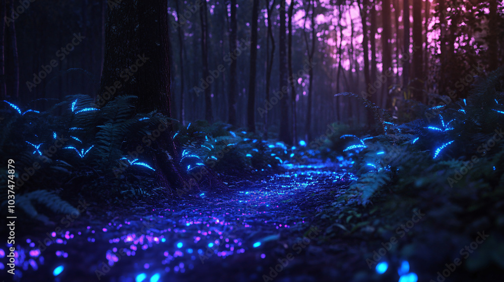 A magical forest with bioluminescent plants lighting up the night. A magical forest with bioluminescent plants lighting up the night.