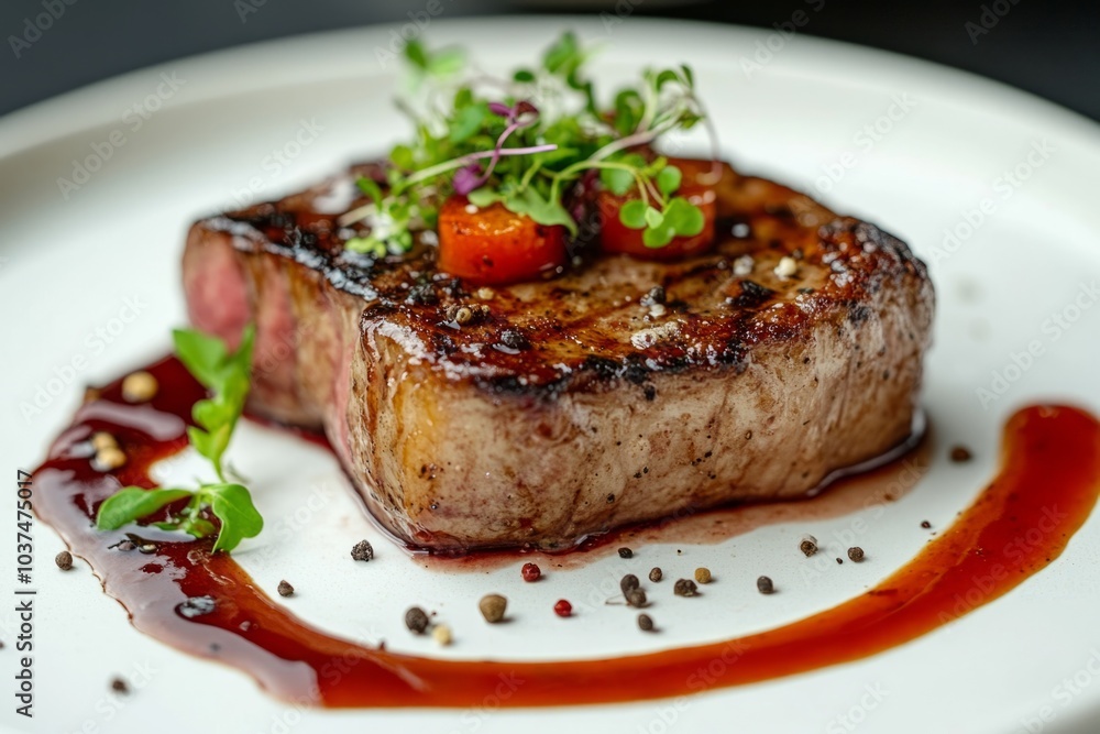 Grilled steak resting on white plate covered with sauce and garnished with thyme Grilled steak resting on white plate covered with sauce and garnished with thyme