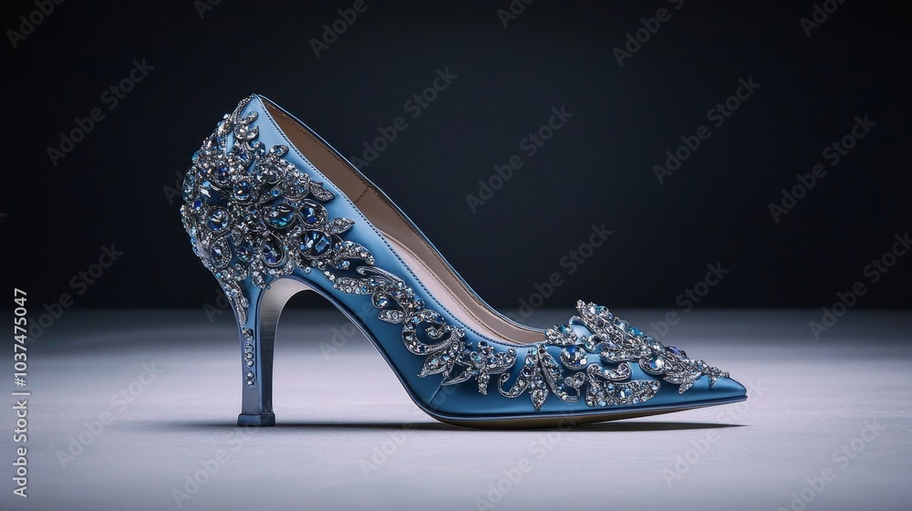 Obraz premium Elegant Jeweled High-Heeled Shoe Close-Up of Luxury Satin Stiletto in Sparkling Blue, Sophisticated Fashion Concept