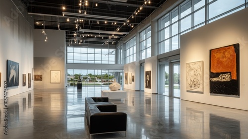 Modern Art Gallery with Abstract Paintings and Sculptures