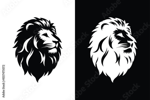 Lion black head vector silhouette icons icon set on white background.	