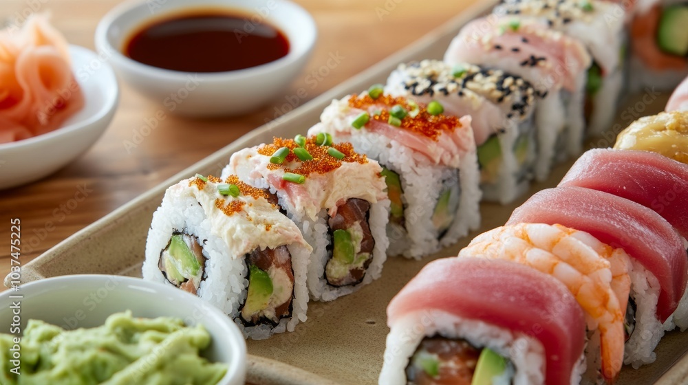 A mouthwatering sushi burrito spread with options like spicy tuna, salmon avocado, and shrimp tempura