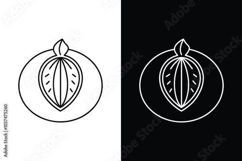 Beal fruit lineout icon. Bael exotic juicy fruit whole and cut vector isolated icon.