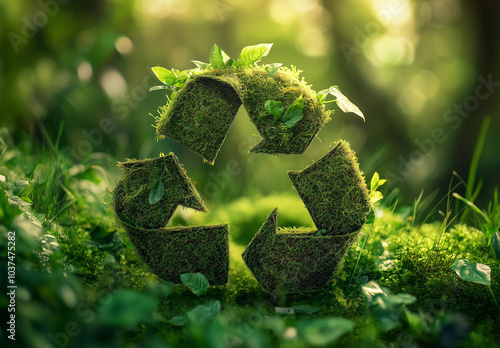 A green Earth with moss growing on it inside the recycling symbol, the background is blurred greenery. The concept conveys environmental awareness and sustainability in waste management.