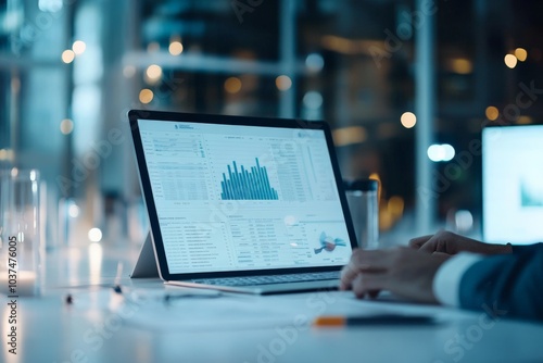 Wallpaper Mural A person analyzes complex data visualizations on a futuristic laptop screen in a dimly lit office, representing technology and data-driven decision-making. Torontodigital.ca