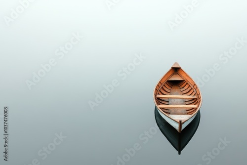 A solitary wooden boat floats serenely on calm, mirror-like water, creating a tranquil and minimalist scene. photo