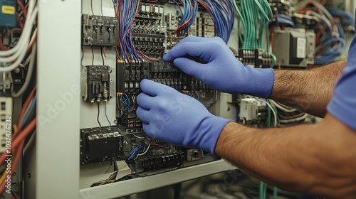 Precise Electrical Work Close-Up of Blue-Gloved Hands on Complex Panel, Industrial Wiring in Blue, Green, Yellow. Focus on Action and Skill in Electrical Engineering, Caution in Operation.