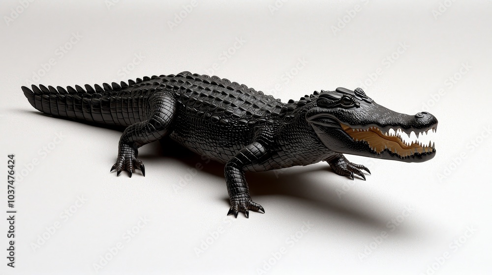 Naklejka premium Elegant Black Alligator in Close-Up View on White Background - Exquisite Reptilian Beauty with Detailed Scales and Glossy Texture, Minimalist Wildlife Concept for Design Projects