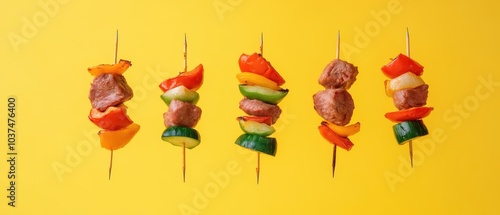 Colorful skewers with meat and vegetables displayed against a bright yellow background, showcasing a vibrant and appetizing food presentation.