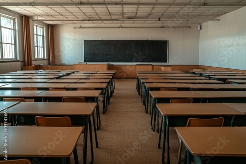 Symmetrical Classroom Setup with Wooden Desks and Empty Chairs in Natural Light - Educational Space with Quiet Solitude and Minimalistic Aesthetic