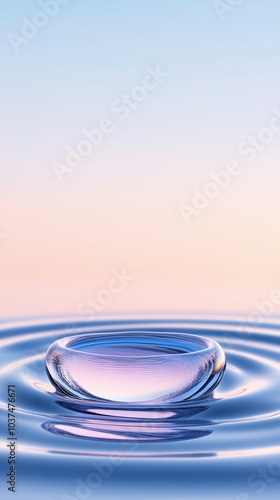 A serene water droplet creates gentle ripples on a calm surface, reflecting a soft gradient sky.