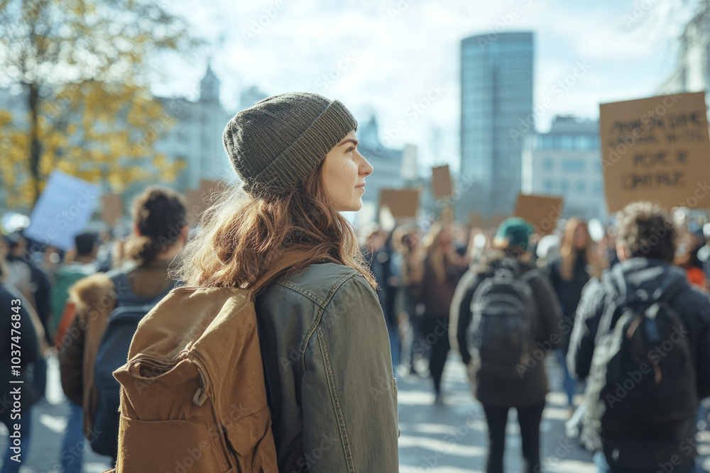 Young woman attending a peaceful protest in the city Young woman attending a peaceful protest in the city