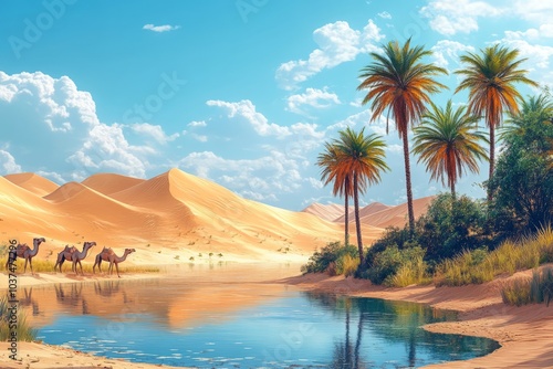 Caravan of camels taking a break by the oasis reflecting clouds