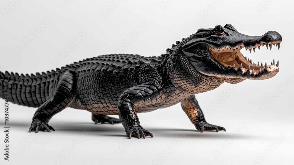 Fototapeta premium Intense Alligator Closeup with Razor-Sharp Teeth on White, Wildlife Danger Concept