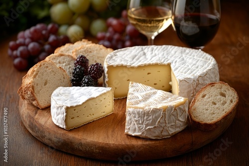 Variety of french cheese being served on a wooden board with wine