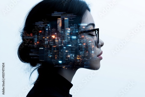 A woman's silhouette is overlaid with a digital cityscape, representing the fusion of human identity and urban technology in a sleek and futuristic style.