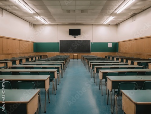 Symmetrical Classroom Rows with Empty Desks and Neat Setup in Educational Setting