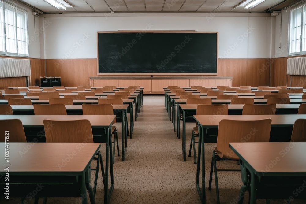 Serene Classroom Interior with Empty Desks, Symmetrical Layout, and Blackboard Focal Point in Soft Lighting - Educational Concept Serene Classroom Interior with Empty Desks, Symmetrical Layout, and Blackboard Focal Point in Soft Lighting - Educational Concept