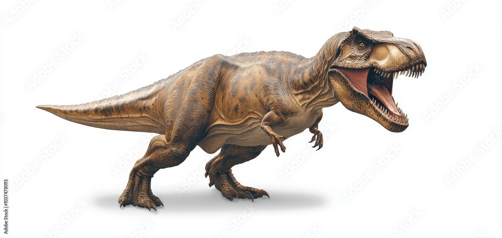 Fototapeta premium Roaring Realistic Tyrannosaurus Rex Dinosaur Illustration on White Background - Fierce Prehistoric Predator in Detailed Close-up View, Dinosaur Anatomy and Aggression Concept