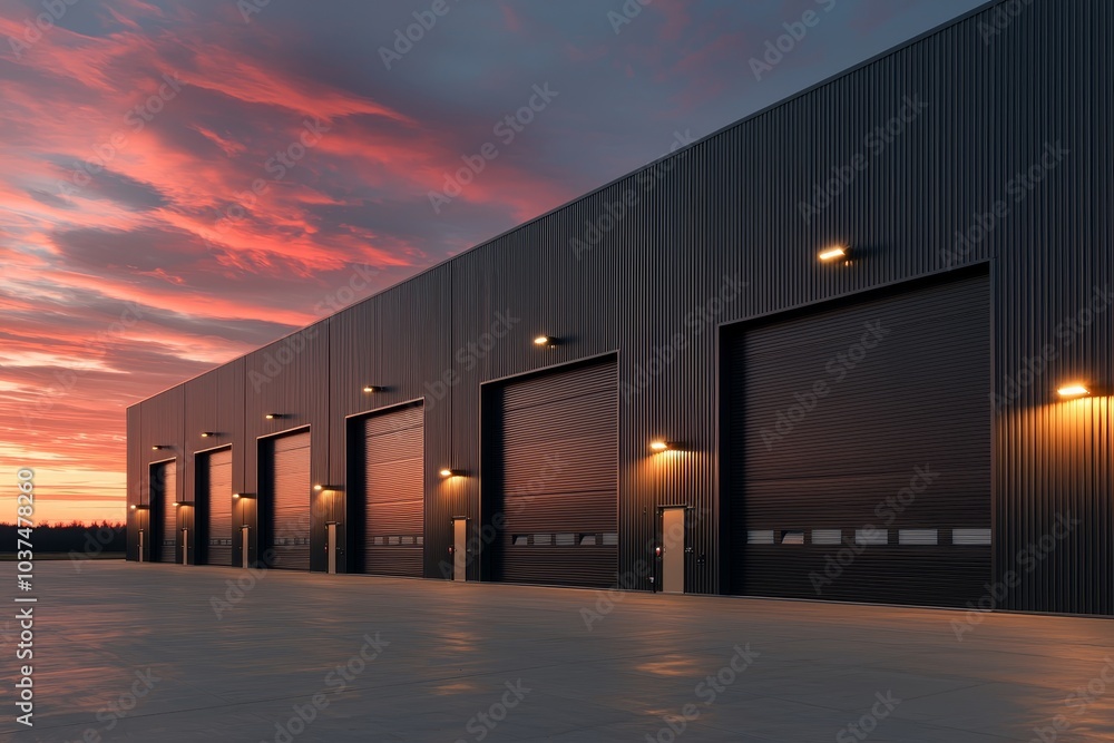 Symmetrical Industrial Elegance Modern Building with Black Garage Doors at Sunset Symmetrical Industrial Elegance Modern Building with Black Garage Doors at Sunset