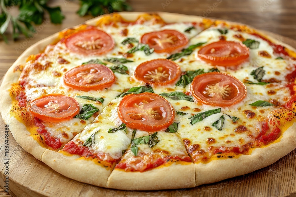 Delicious Margherita Pizza Close-up on Wooden Board - Rustic Italian Culinary Delight with Fresh Basil and Melted Mozzarella, Festive Pizzeria Concept Delicious Margherita Pizza Close-up on Wooden Board - Rustic Italian Culinary Delight with Fresh Basil and Melted Mozzarella, Festive Pizzeria Concept