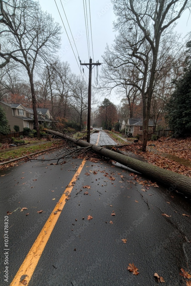 Urban Disruption Fallen Tree Blocking Street in Residential Area on Overcast Day Urban Disruption Fallen Tree Blocking Street in Residential Area on Overcast Day