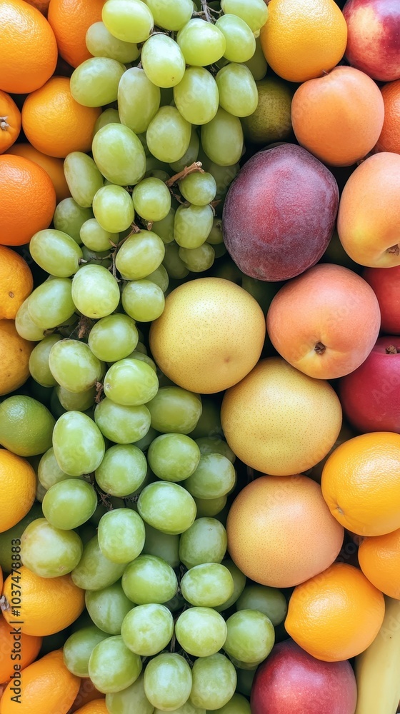 A vibrant arrangement of assorted fruits including grapes, oranges, apples, and pears, showcasing a colorful display of nature's bounty. A vibrant arrangement of assorted fruits including grapes, oranges, apples, and pears, showcasing a colorful display of nature's bounty.