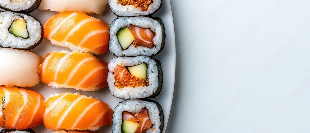 A vibrant plate of sushi featuring assorted rolls and sashimi, showcasing fresh seafood and colorful garnishes. A vibrant plate of sushi featuring assorted rolls and sashimi, showcasing fresh seafood and colorful garnishes.