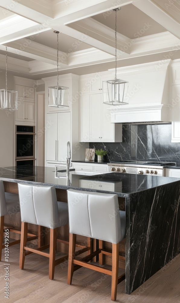Modern kitchen island with black marble countertop. Modern kitchen island with black marble countertop.