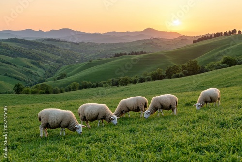 Tranquil Countryside Serenity Grazing Sheep on Lush Green Hills at Sunset