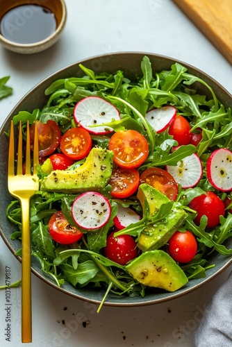 Fresh Gourmet Salad Bowl with Gold Fork on Minimalist Surface - Healthy Eating Concept with Vibrant Colors and Natural Lighting for Food Blogs and Menus