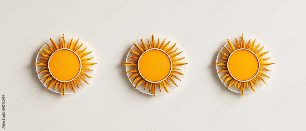 Fototapeta premium Symmetrical Sun Trio Minimalist Design on White Background - Abstract Bright Orange Graphic Elements for Serene Branding