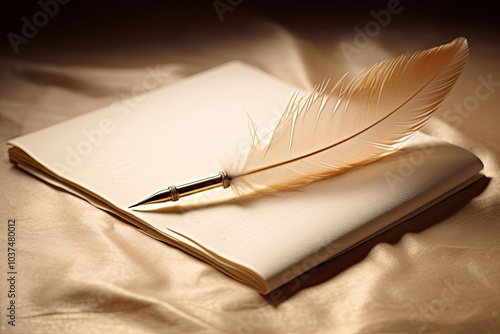 A delicate feather quill lies atop an unmarked notebook on a warm beige surface inviting quiet reflection and creative writing in a peaceful atmosphere photo