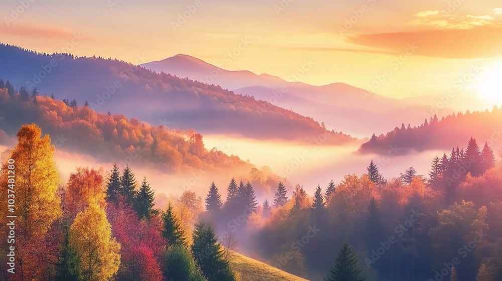 Autumn Sunrise in the Misty Mountains 