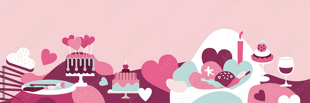 Pink and purple Valentine s Day celebration with romantic desserts and a candle Pink and purple Valentine s Day celebration with romantic desserts and a candle