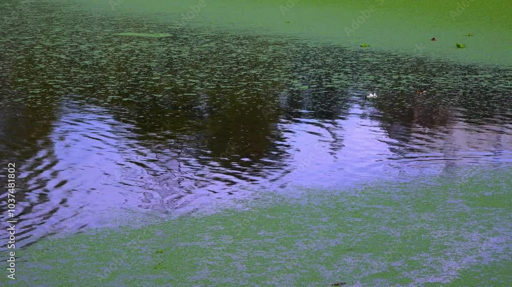 Flat surface of water in a quiet lake covered with floating aquatic plants Wolffia, Duckweed Lemna and Pistia stratiotes Flat surface of water in a quiet lake covered with floating aquatic plants Wolffia, Duckweed Lemna and Pistia stratiotes