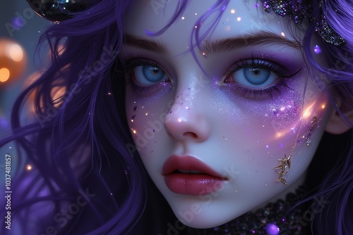 A mystical fantasy portrait of a character with short purple hair and sparkling makeup, set against an enchanting background with magical lights and a hint of Halloween atmosphere. photo