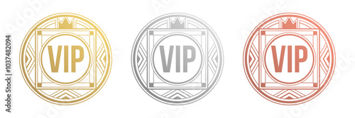 Gold logo for vip persons in round frame with pattern. Flat style. Vector illustration.