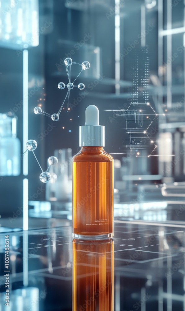 A glass dropper bottle with amber liquid in a lab A glass dropper bottle with amber liquid in a lab