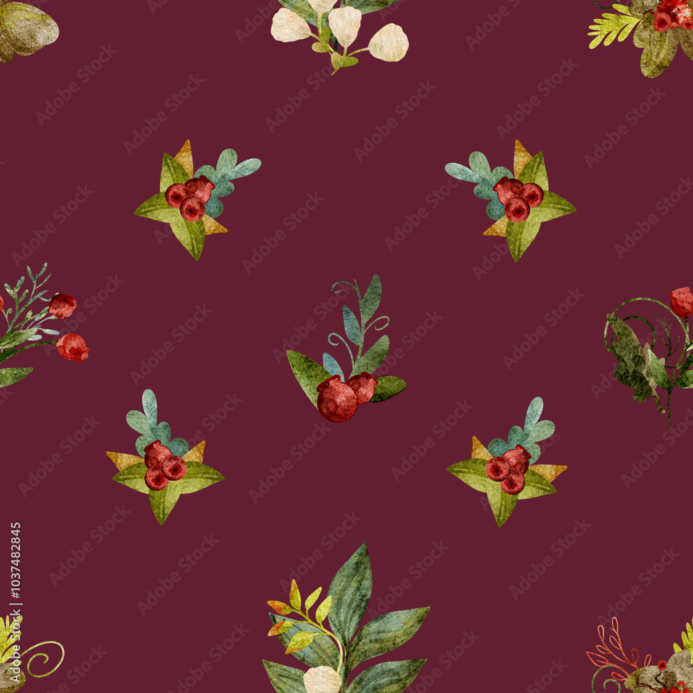 Watercolor Christmas Pattern Featuring Festive Branches, Red Berries, and Flowers on a Deep Burgundy Background, Capturing Holiday Spirit with Hand-Painted Details for Seasonal Projects and Decoration Watercolor Christmas Pattern Featuring Festive Branches, Red Berries, and Flowers on a Deep Burgundy Background, Capturing Holiday Spirit with Hand-Painted Details for Seasonal Projects and Decoration