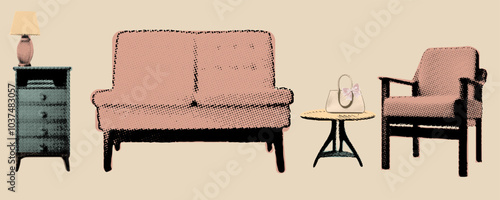 elements for a retro collage with a halftone effect in muted neutral shades. An armchair, a chest of drawers with a lamp, a small table with a bag and a bow on it and an armchair.