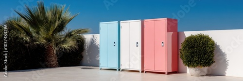 three colorful lockers are on the side of a white wall