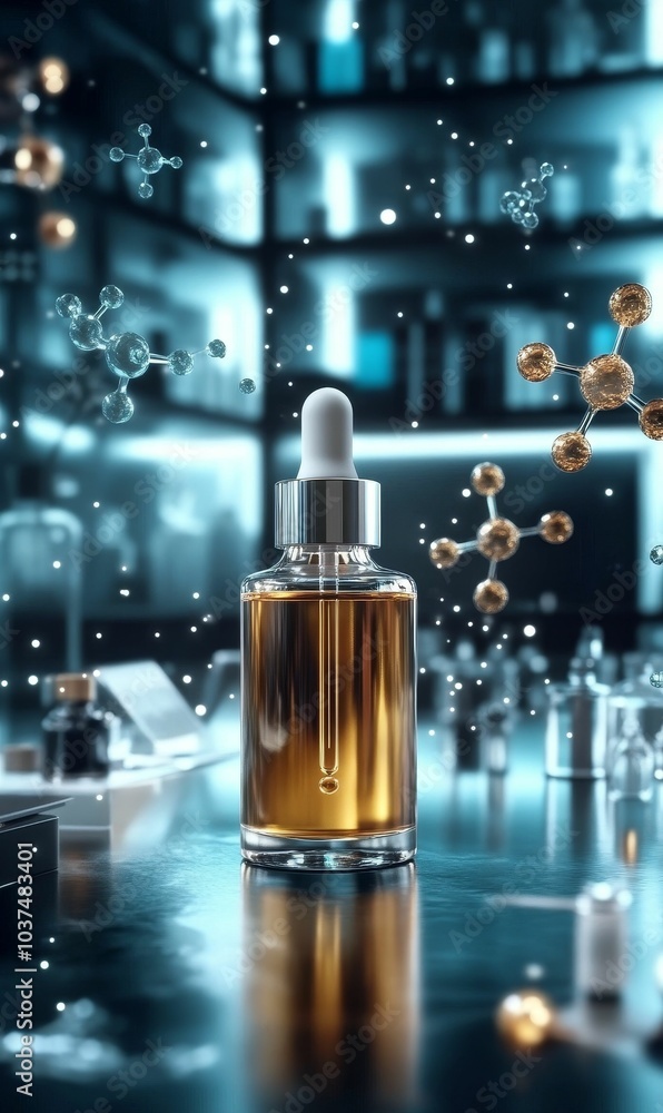 Naklejka premium A bottle of serum with molecules floating around it.