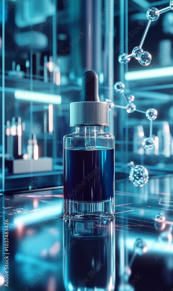 Dropper bottle and molecule model in blue light. Dropper bottle and molecule model in blue light.