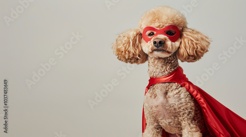 Close up of cute poodle in superhero costume with red cape and superhero glasses, on plain background. National Superhero Day, International Dog Day photo