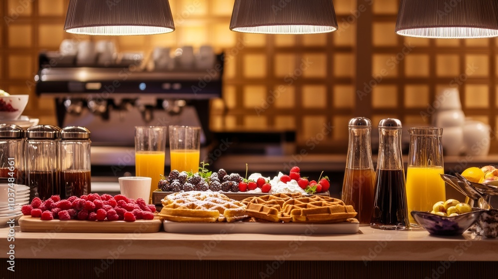 Naklejka premium A mouthwatering waffle station with an assortment of toppings such as fresh berries, whipped cream, and chocolate sauce