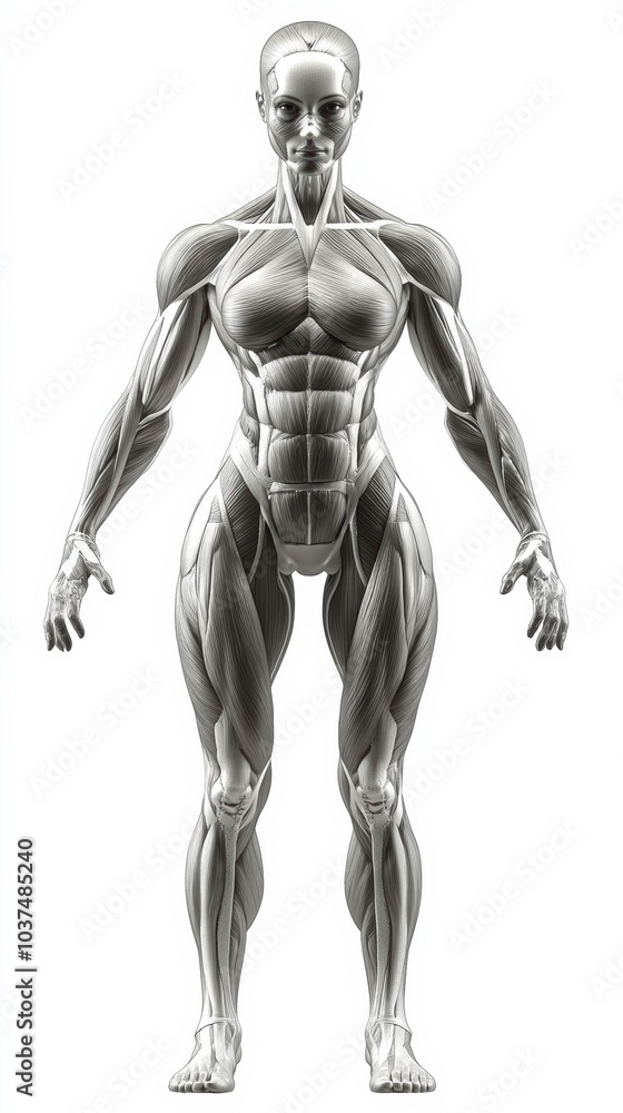 3D Rendering of a Female Figure Showcasing Muscle Maps Isolated on a White Background for Anatomical Study. Generative AI 3D Rendering of a Female Figure Showcasing Muscle Maps Isolated on a White Background for Anatomical Study. Generative AI